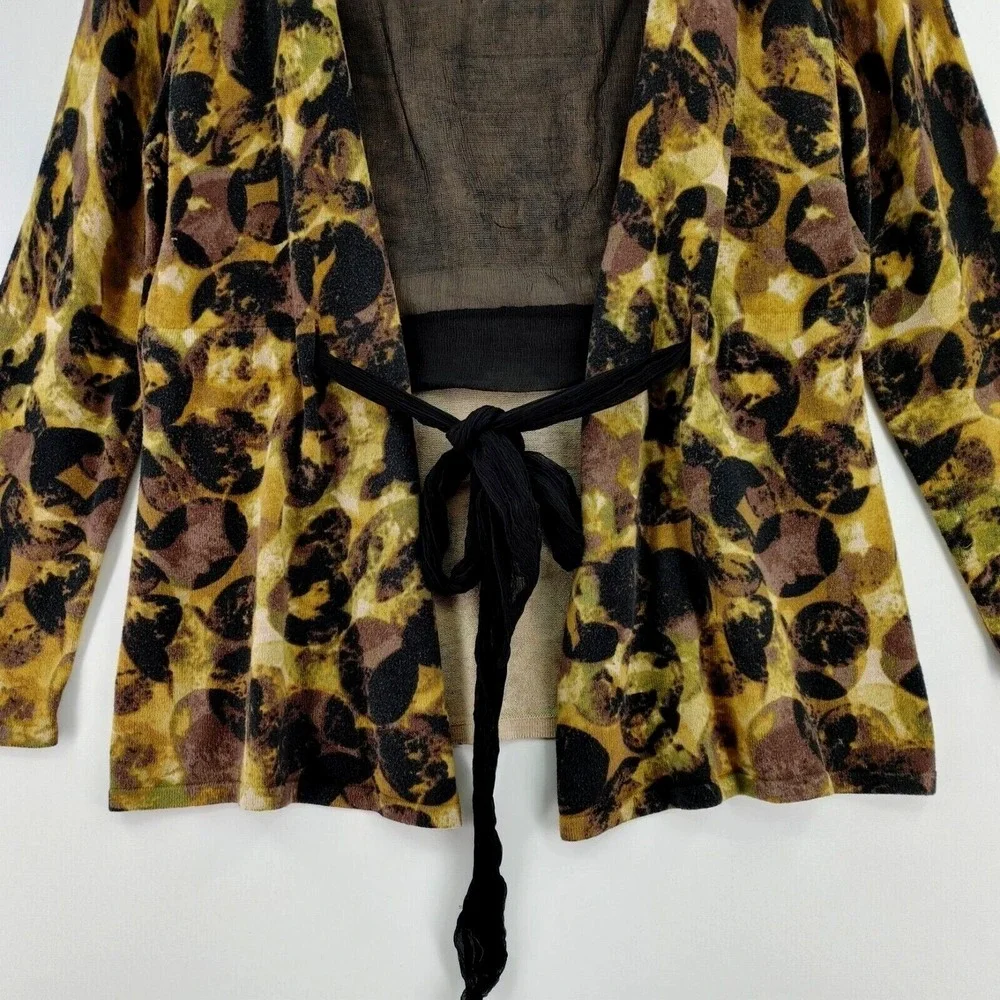 Womens XL Cardigan Tie Front Mustard Black Animal‎ Print Soft Eclectic Artsy